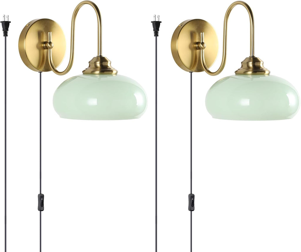 KCO Lighting Vintage Green Glass Wall Sconce Plug in Vintage Brushed Gold Wall Sconce Set of Two Mid Century Modern Bathroom Wall Light