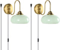 KCO Lighting Vintage Green Glass Wall Sconce Plug in Vintage Brushed Gold Wall Sconce Set of Two Mid Century Modern Bathroom Wall Light