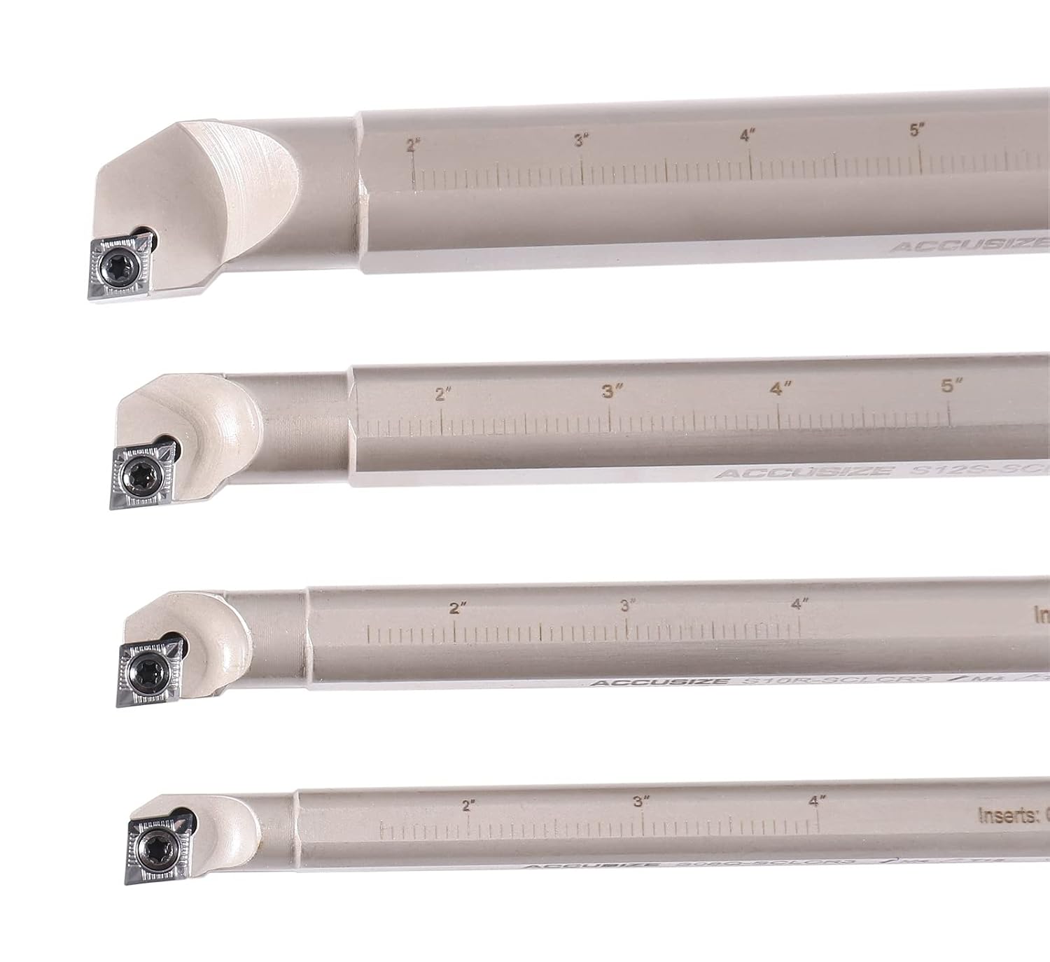 Accusize Sclcr Indexable Boring Bar Set, 1/2', 5/8', 3/4', 1' for Aluminum | 4 Pc Set with 14 CCGT32.51 AKH01 Carbide Inserts, Right Hand, Negative 5° Angle, 45HRC, Torx Screw Retention, P252-S528
