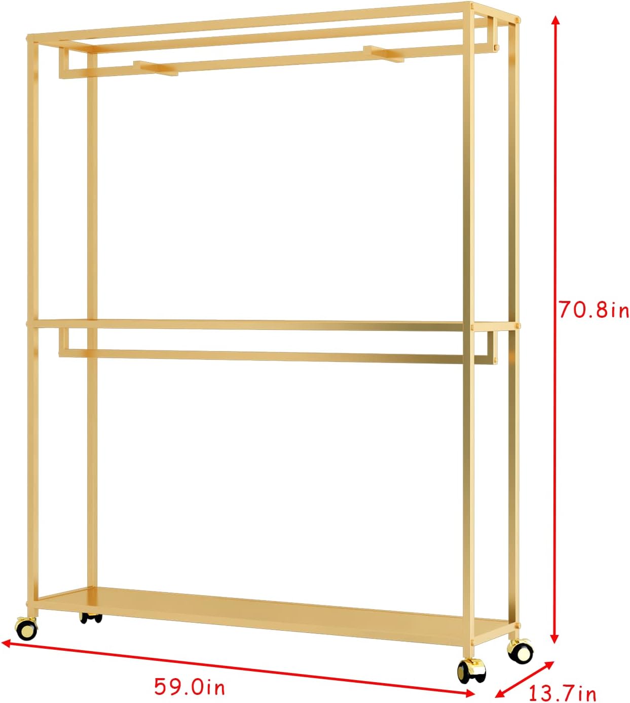 TIEOU Gold Clothes Racks Free-Standing, Gold Clothing Rack with Shelves for Boutiques, Heavy Duty Garment Rack for Hanging Clothes, Large Wardrobe Closet(Only One Shelf)