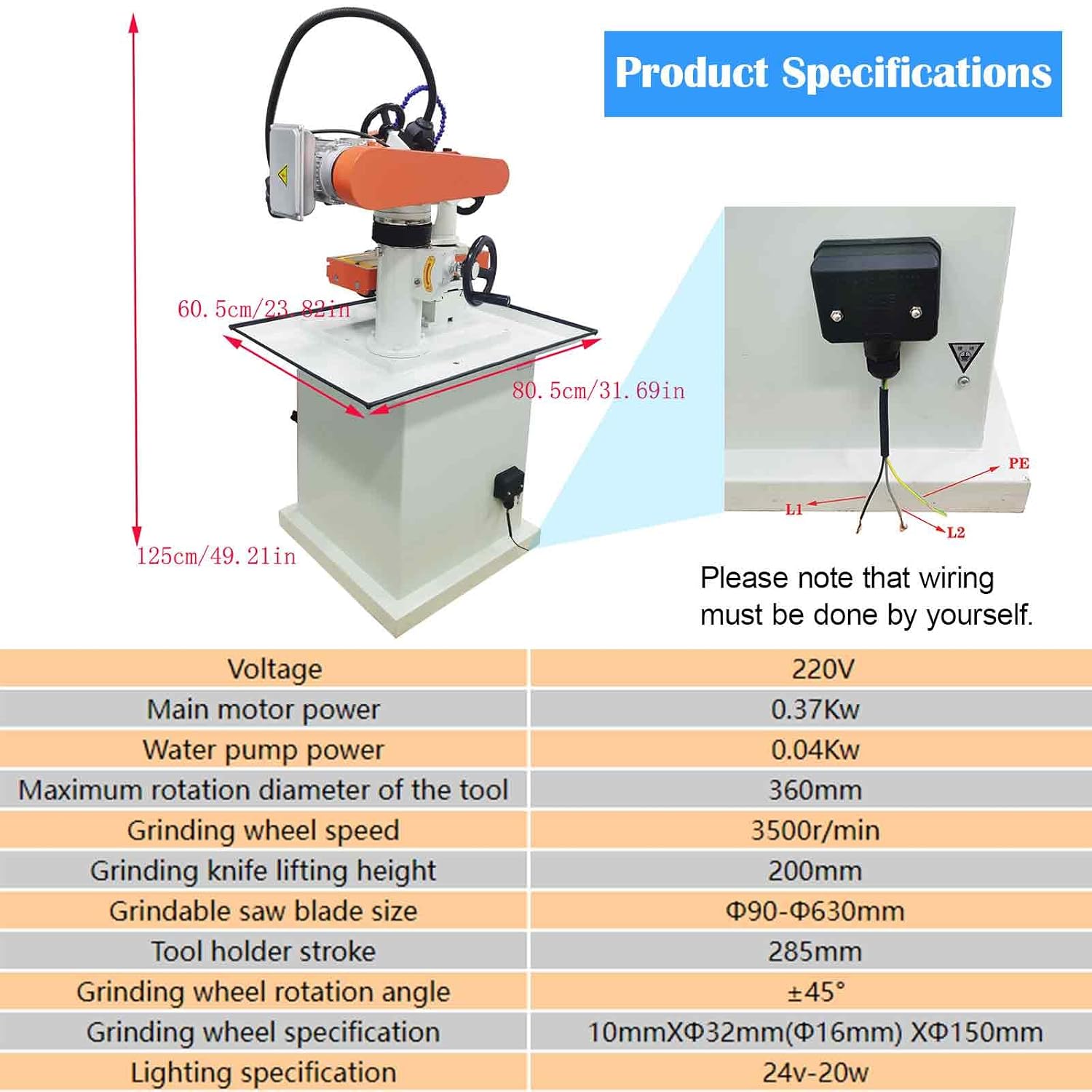 220V 4-in-1 Multi-Tool Sharpener with Speed Control, 370W Power & 150mm Grinding Wheel for Sharpening Saw Blades (Ø90-630mm), Router Bits, Planer Knives & Carbide Blades 3500RPM