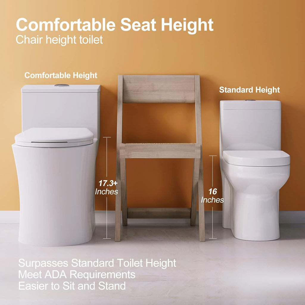 HOROW T0338W Compact One Piece Toilet, ADA Chair Height 17.3', Elongated Bowl, Dual Flush 1.1/1.6 GPF, White, 12 Inch Rough-In