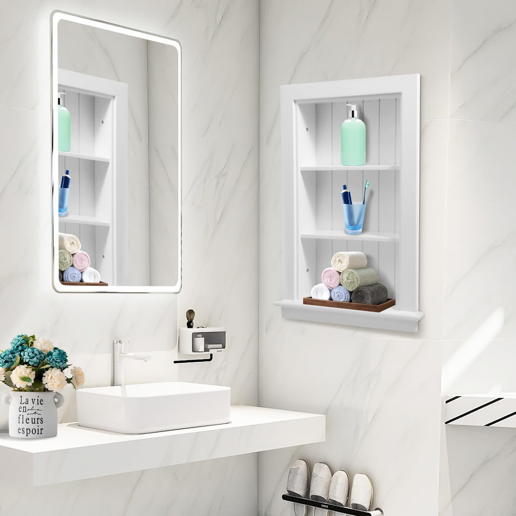 14 x 24 Medicine Cabinet Recessed, Wall Niche, Bathroom Wall Cabinet, 3-Tier, Between Studs Shelving for Drywall, White