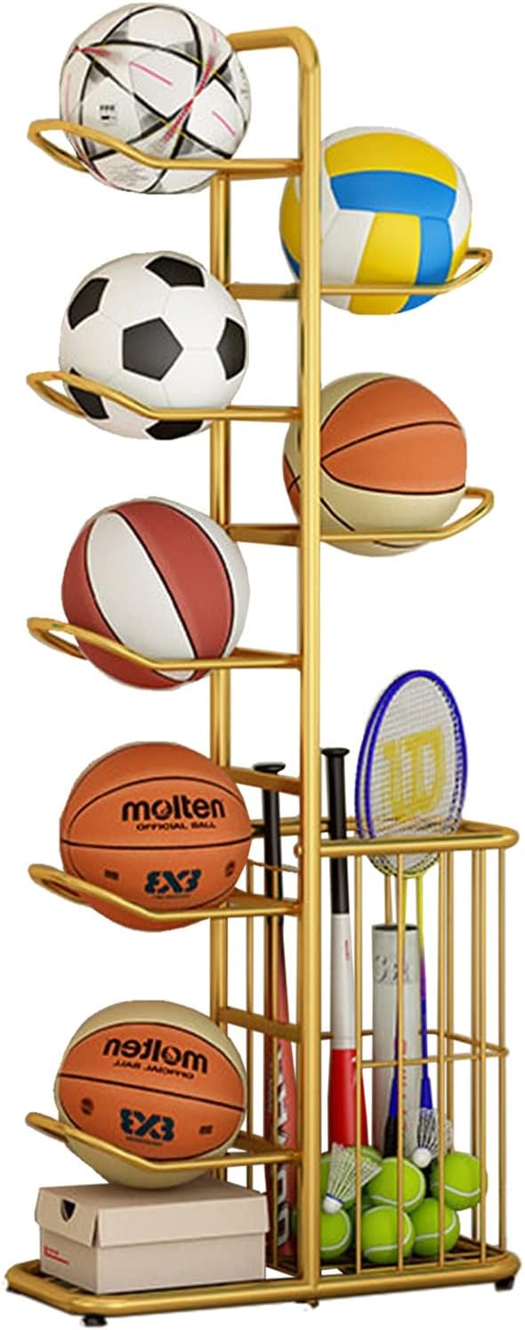 Ball Storage Holder Extra Tall Basketball Storage Rack with Baskets, Vertical Iron Sports Rack Organizer for Indoor Home Garage, Holds 7 Balls