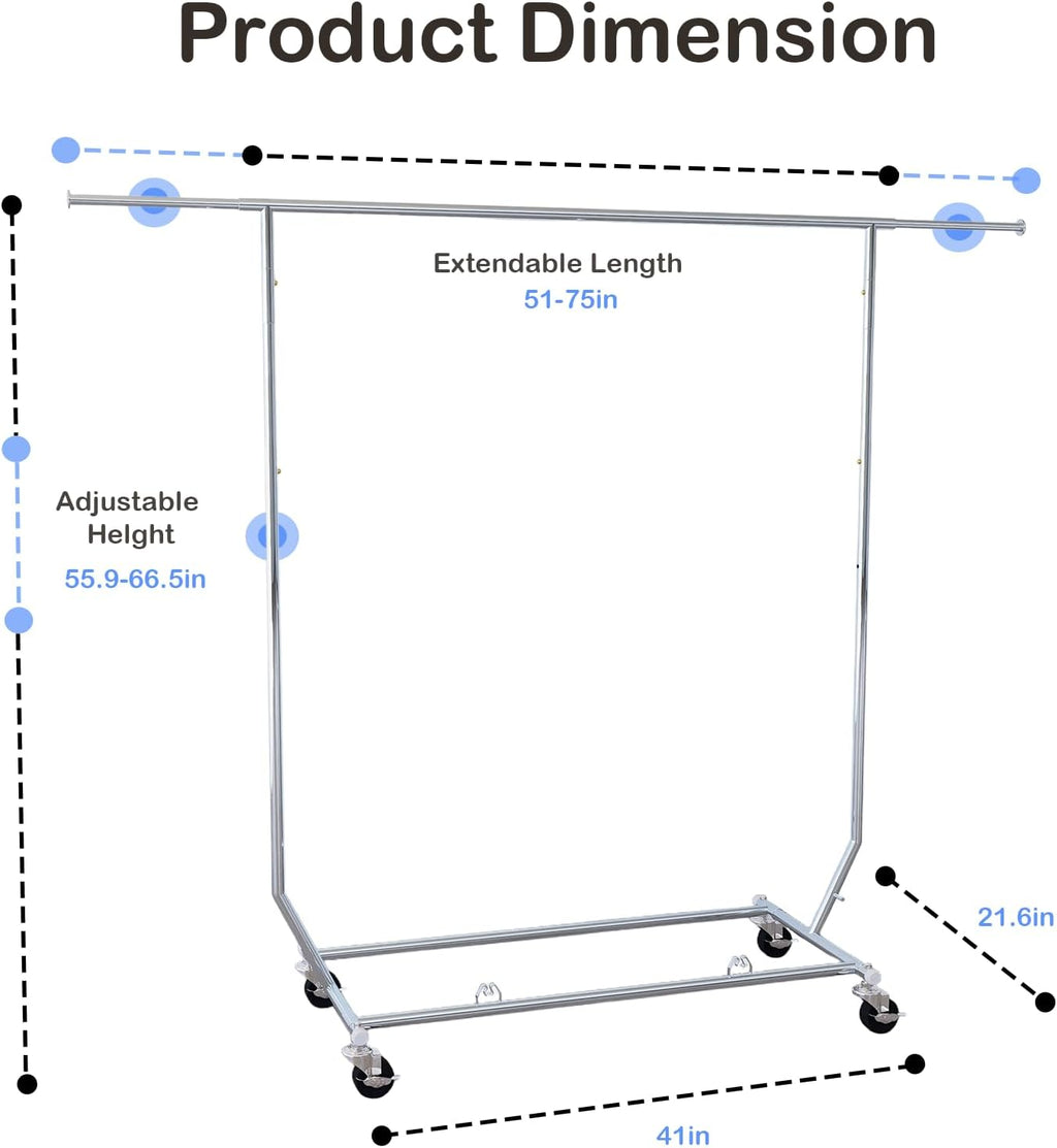 Clothes Rack With Wheels Garment Racks For Hanging Clothes Metal Portable Rack Heavy Duty One-Piece Bar Collapsible Rack For Bedroom Living Room Balcony