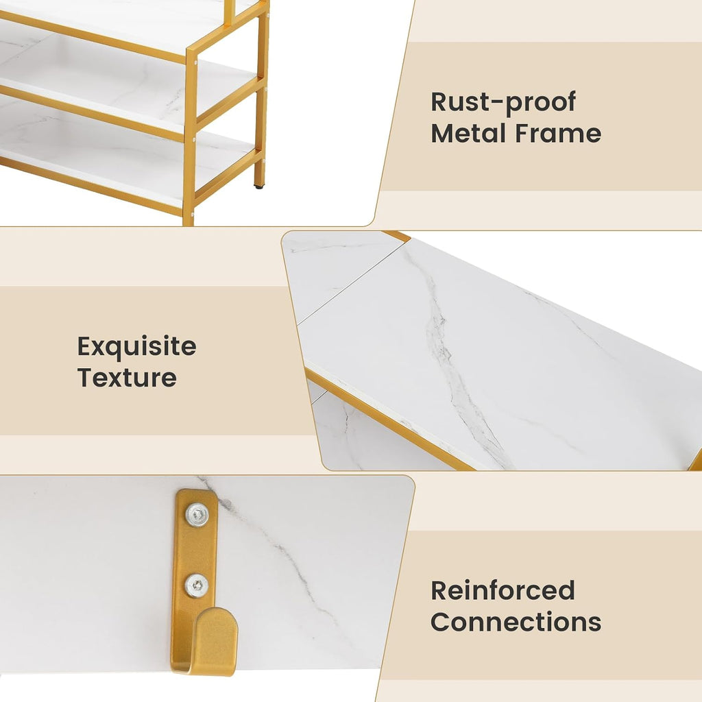 Giantex Corner Coat Rack with Shoe Bench, L-Shaped Garment Rack with 5 Shelves & 7 Hooks, Heavy Duty Freestanding Clothes Racks Entryway Bench with Shoes Organizer for Hallway (White & Gold)
