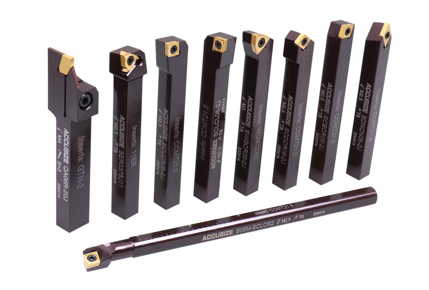 Accusize Industrial Tools 3/8' 9 Pieces/Set, Indexable Carbide Turning Tools and Boring Bar, 2988-0038 | 3/8' Shank 9pc Indexable Carbide Turning Tool & Boring Bar Set, C6 Grade Carbide TiN-Coated Inserts for Cutting Steel