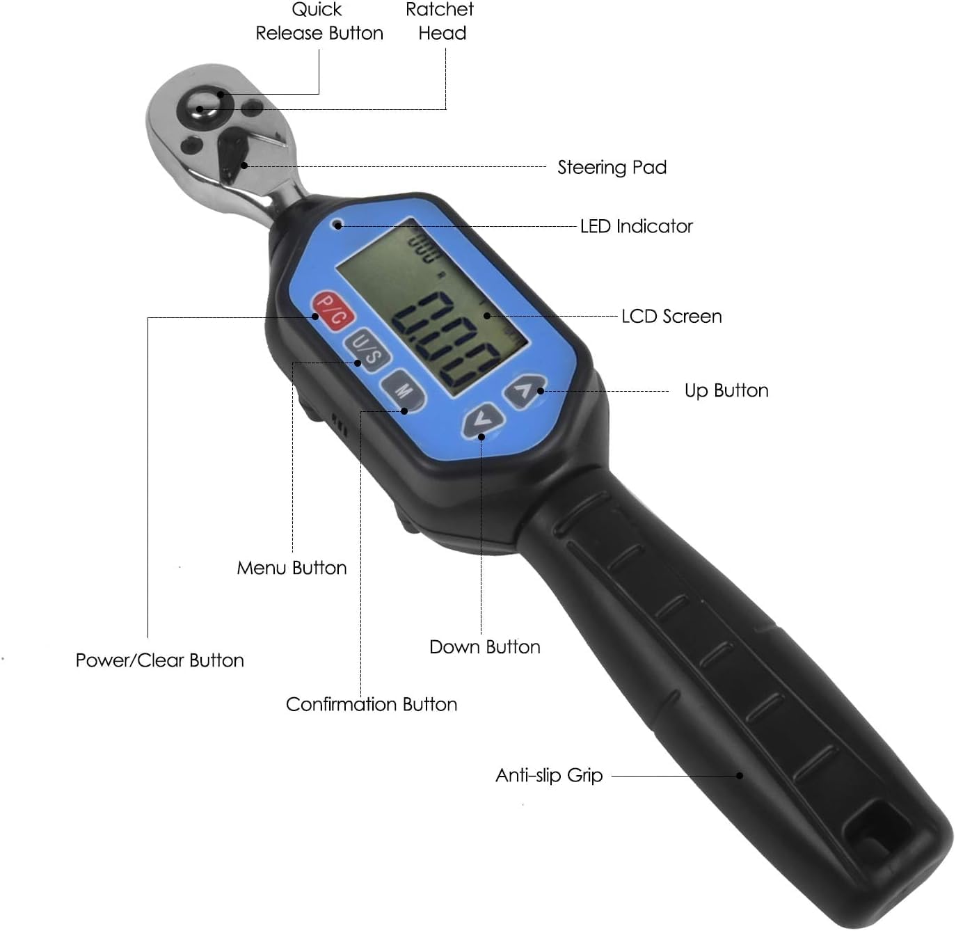 Torque Wrench, EWM-30 Digital Torque Wrench 1/4 Square Drive Max. 22.12ft.lb Torque Accurate to ±2% with Buzzer LED Indication and Peak Trace Tracking Wrenches