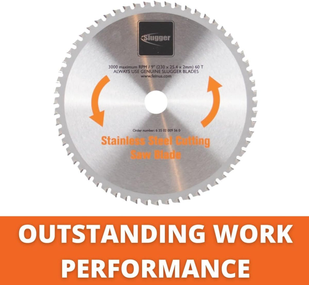 Slugger by Fein Stainless Steel Cutting Saw Blade - Fast and Accurate Cuts up to 5/16' in Aluminum, Mild & Thin Metals, 9' Diameter, 60 Teeth - 63502009560