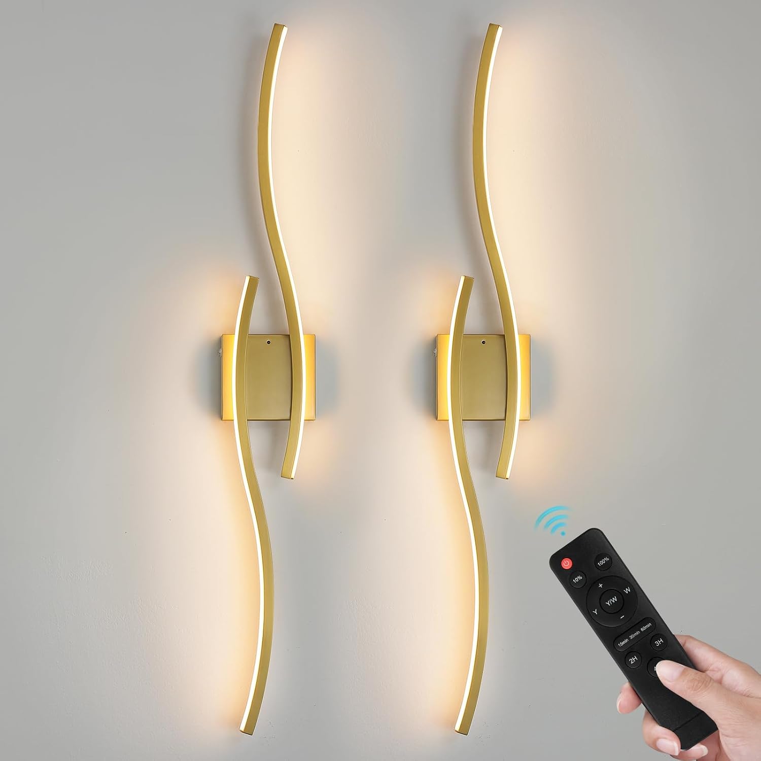 Gold Battery Operated Wall Sconces: 39.3 Inch Rechargeable Wall Sconce Set of 2 with Remote Control/3 Colors/10-100% Dimming/Timer Modern LED Wall Light for Bedroom Living Room Hallway Bathroom, 2 Pcs
