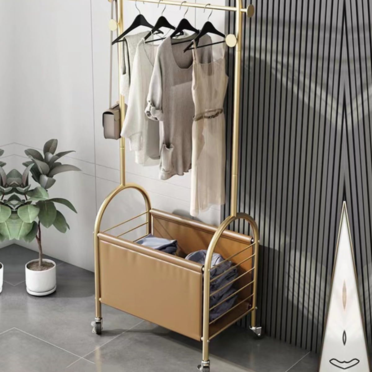 Clothes Rack Gold,Freestanding Coat Rack Modern Rolling Garment Rack with Wheels and Bottom Shelves,Metal Tree Hat Coat Hanger Floor Free Standing Wall Bedroom Easy Assembly (golden,80cm)