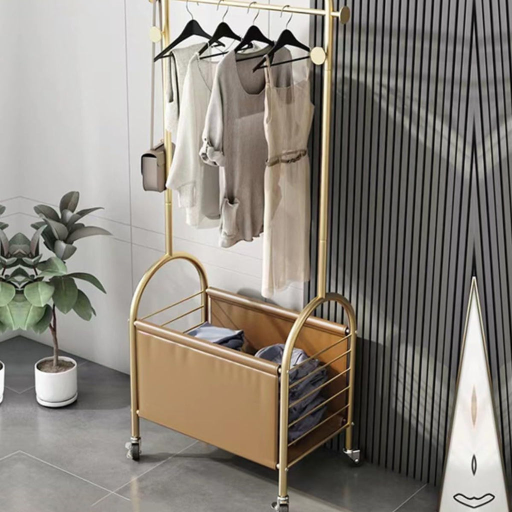 Clothes Rack Gold,Freestanding Coat Rack Modern Rolling Garment Rack with Wheels and Bottom Shelves,Metal Tree Hat Coat Hanger Floor Free Standing Wall Bedroom Easy Assembly (golden,60cm)