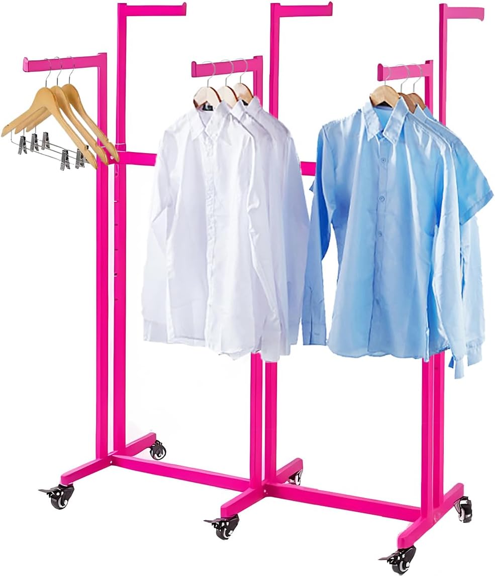 Floor Standing Metal Garment Rack - Heavy Retail Display Racks With Wheels, 6 Arms Clothing Rack, Square Tubing Portable Shirt Rack, Merchandise Display RackFor Hanging Clothes (Pink)