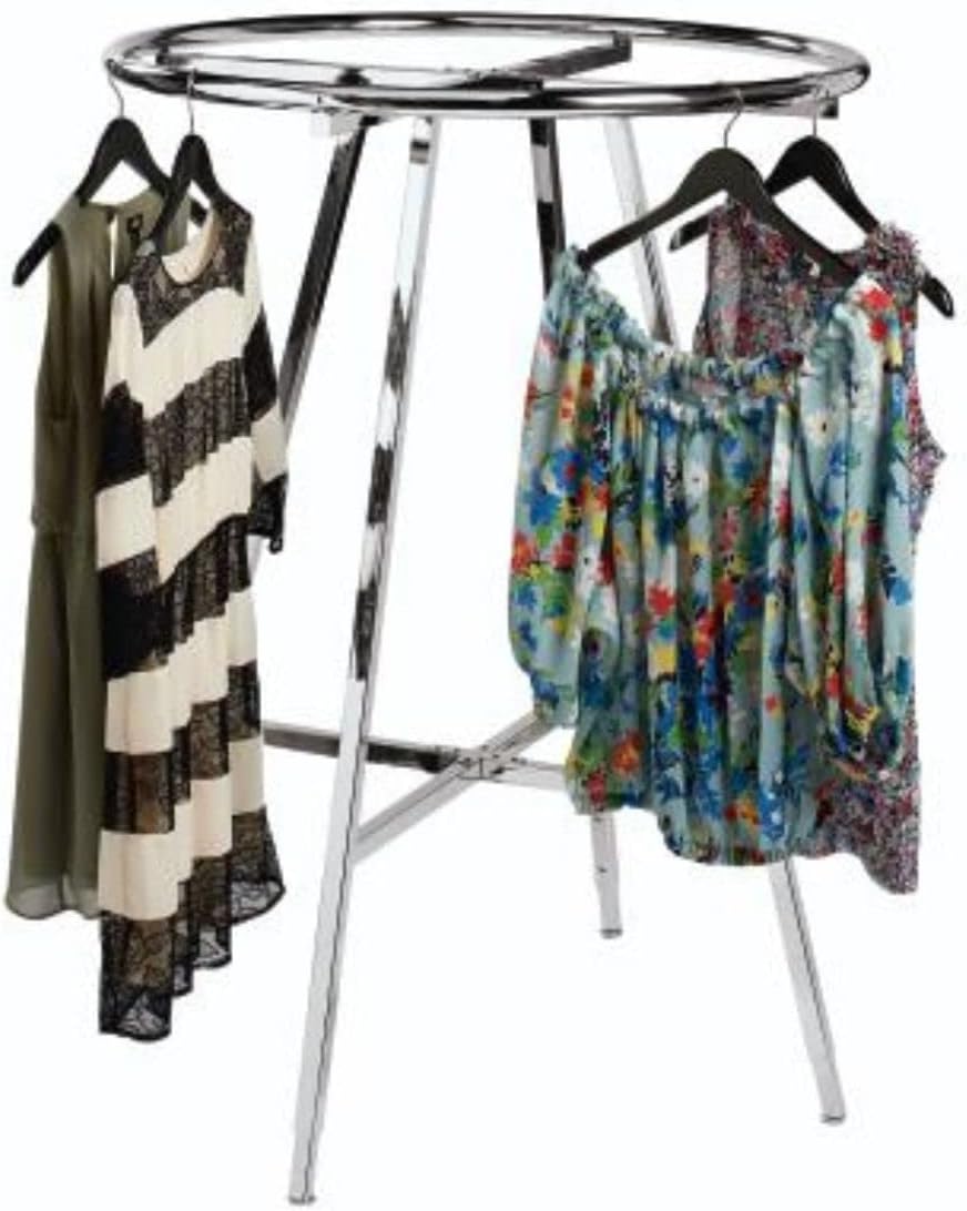 SSWBasics Chrome Round Clothing Rack (36' Diameter, 48'-72'H, 3' Increments) - With Push Button Adjustable Legs - Round Garment Rack for Retail, Thrift, and Consignment Shops