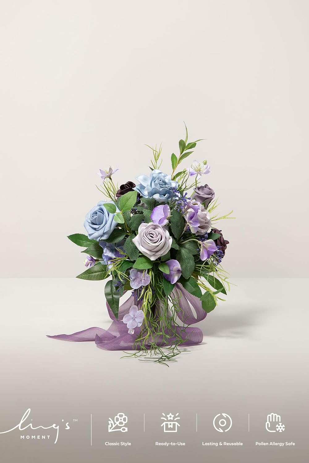 Ling's moment Wedding Artificial Flowers Package, Bridal Bouquet, Bridesmaid Bouquets, Boutonniere for Men, Rose Petals.Sage Purple Provence