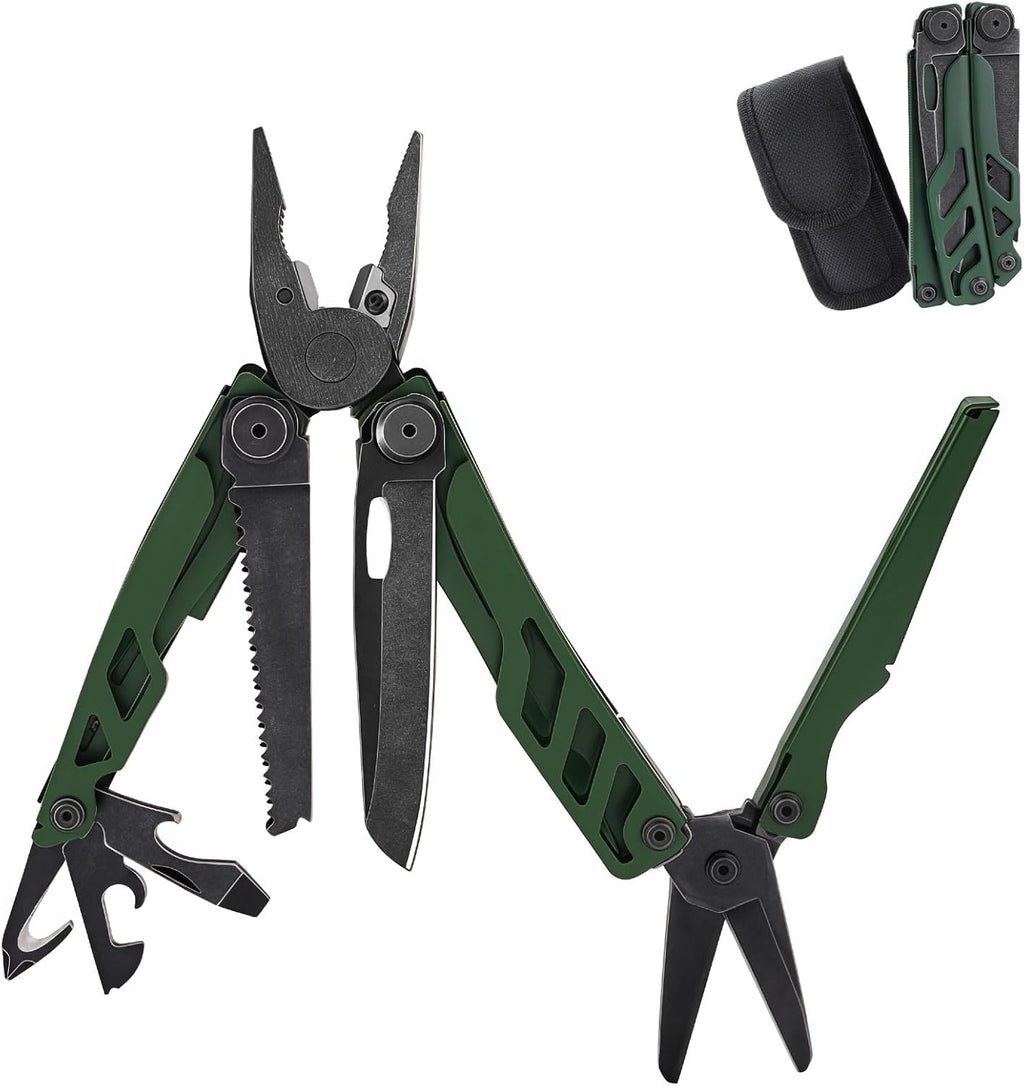 Multitool, 16-in-1 Full-Size, Lightweight EDC, Multi-Purpose Pliers, Pocket Knife, Scissors, Tactical Gear, Tools, Gifts for Guys, Equipment for Emergencies, Hiking, and Outdoor Camping (Green)