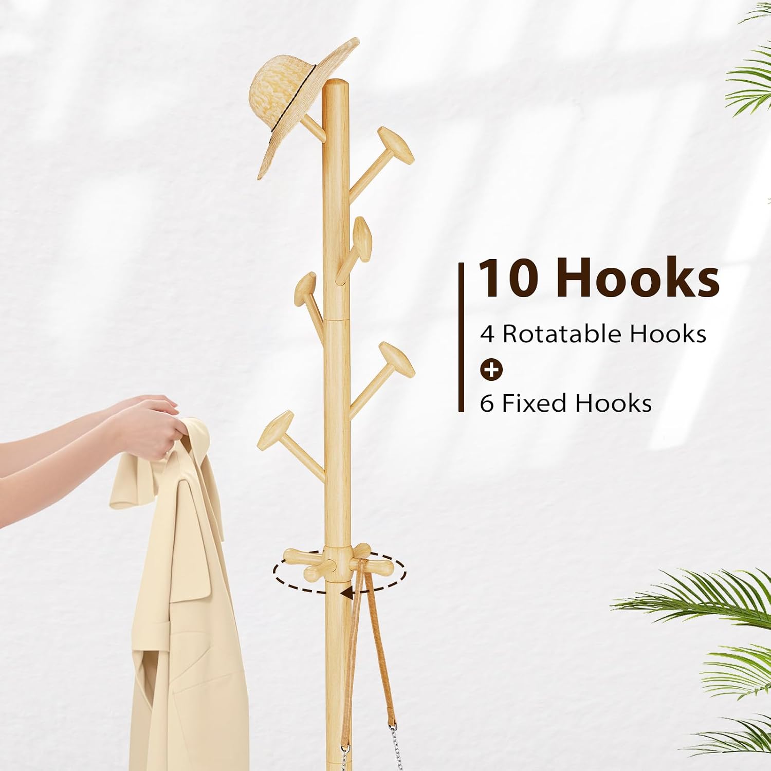Taitiy Solid Wood Coat Rack Freestanding Coat Tree with 10 Hooks for Bedroom, Livingroom, Entryway, Sturdy Coat Hanger Stand for Hats, Coats, Scarves, Handbags, Purses