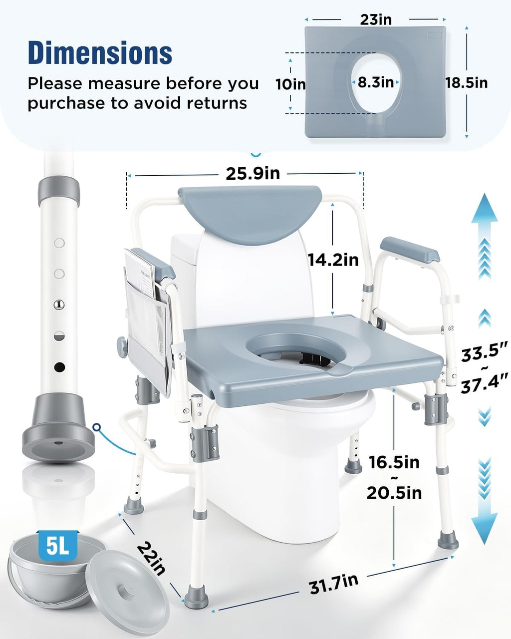 4-in-1 Bariatric Bedside Commode, 1000lbs Heavy-Duty Shower Chair, Drop Armrests, Robust Carbon Steel, 5 Adjustable Height Portable Toilet, Extra-Wide Seat, Raised Toilet Seat for Seniors