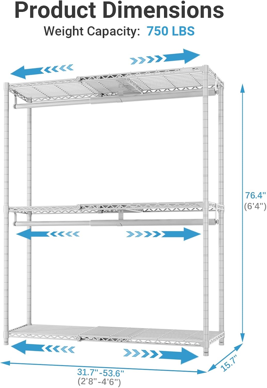 VIPEK X1 Plus Expandable Reach-in Closet Adjustable from 2'8' to 4'6' with Adjustable Shelves and Hanger Rods Clothes Rack Heavy Duty, Metal Clothing Racks Portable Walk-in Closet, White