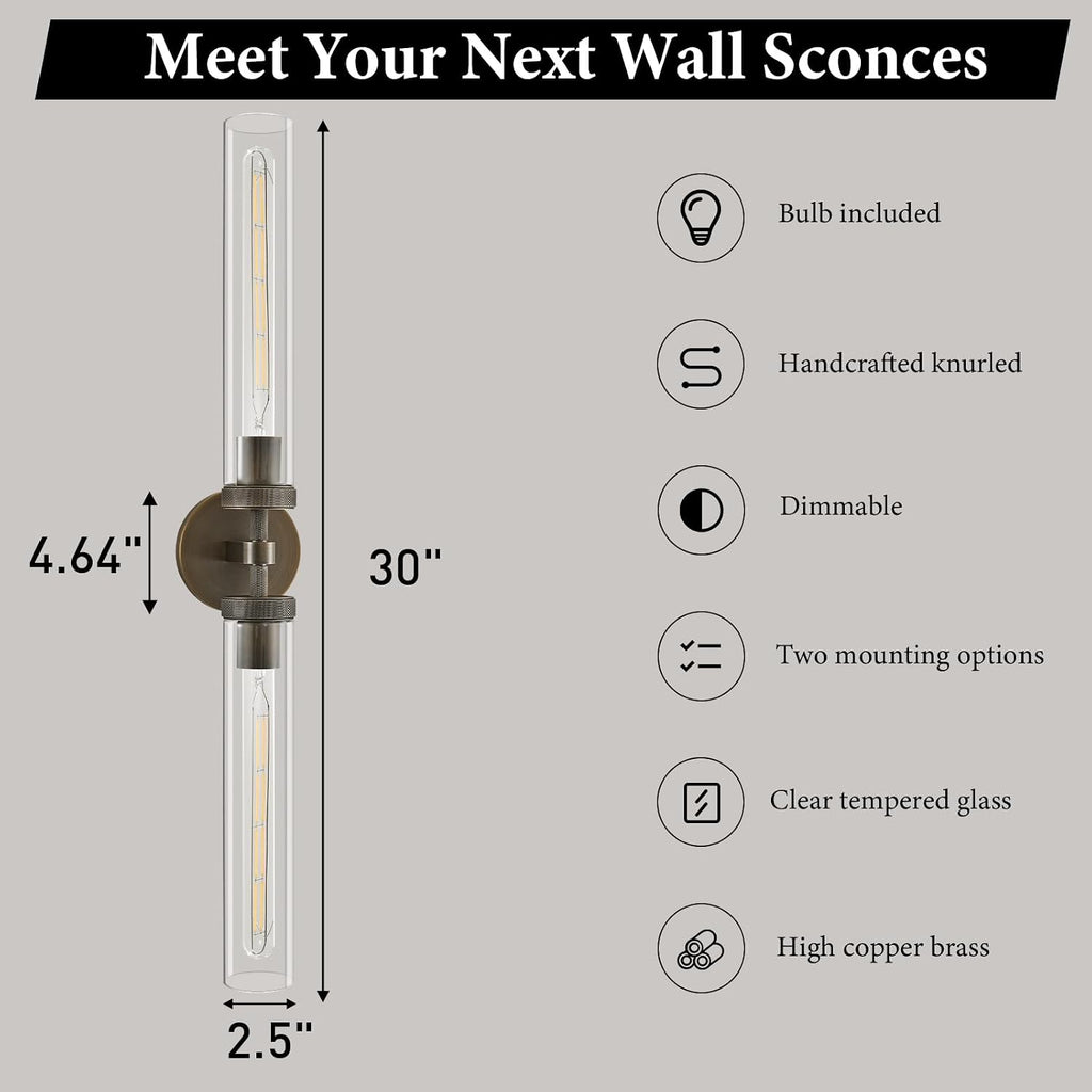 Knurled Brass Bathroom Wall Sconce - Luxury Brushed Antique Gold Sconces - Dimmable Indoor Lighting - Modern Linear Tube Vanity Lights Fixture with Clear Glass for Bedroom Living Room Decor