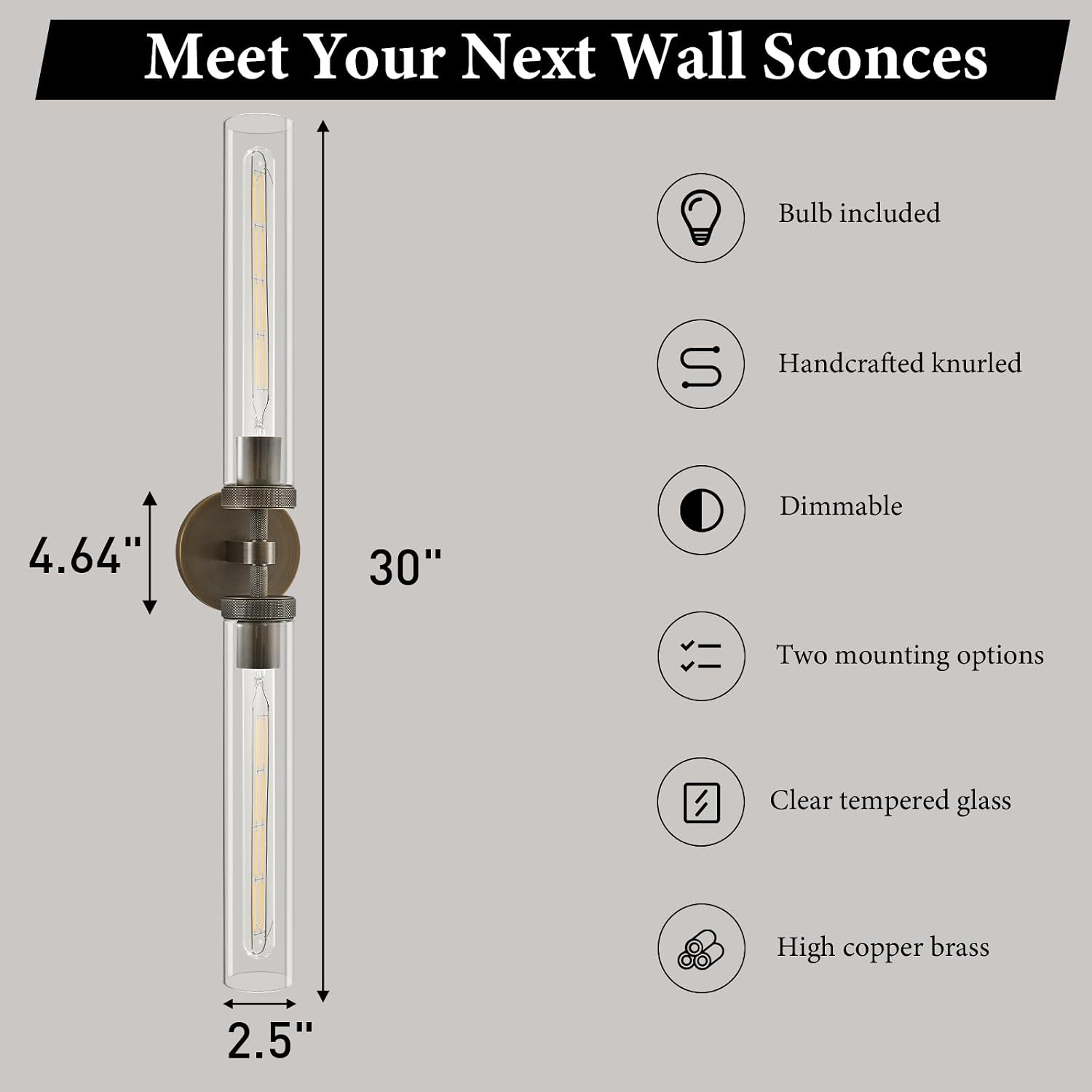 Knurled Brass Bathroom Wall Sconce - Set of 2 Luxury Brushed Antique Gold Sconces - Modern Linear Tube Vanity Lights Fixture with Clear Glass - Dimmable Indoor Lighting for Bedroom Living Room Decor