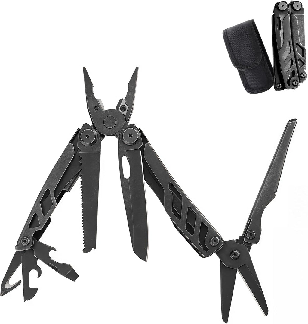 Multitool, 16-in-1 Full-Size, Lightweight EDC, Multi-Purpose Pliers, Pocket Knife, Scissors, Tactical Gear, Tools, Gifts for Guys, Equipment for Emergencies, Hiking, and Outdoor Camping (Black)