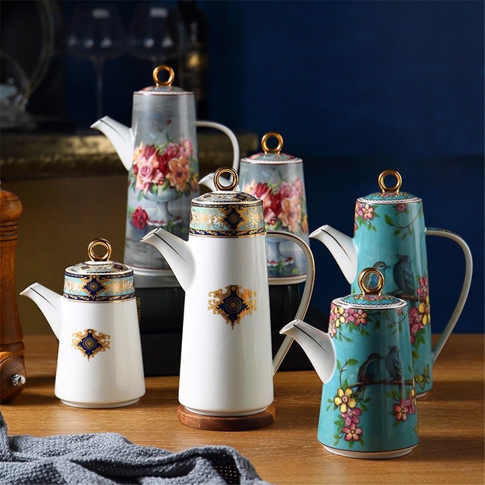 Beverage Serveware Ceramic Teapot With Lid Water Pitcher Kitchen Butter Bottle Flower & Bird Finished Wedding Gifts Party Presents 650ML Water Carafe(Pink)