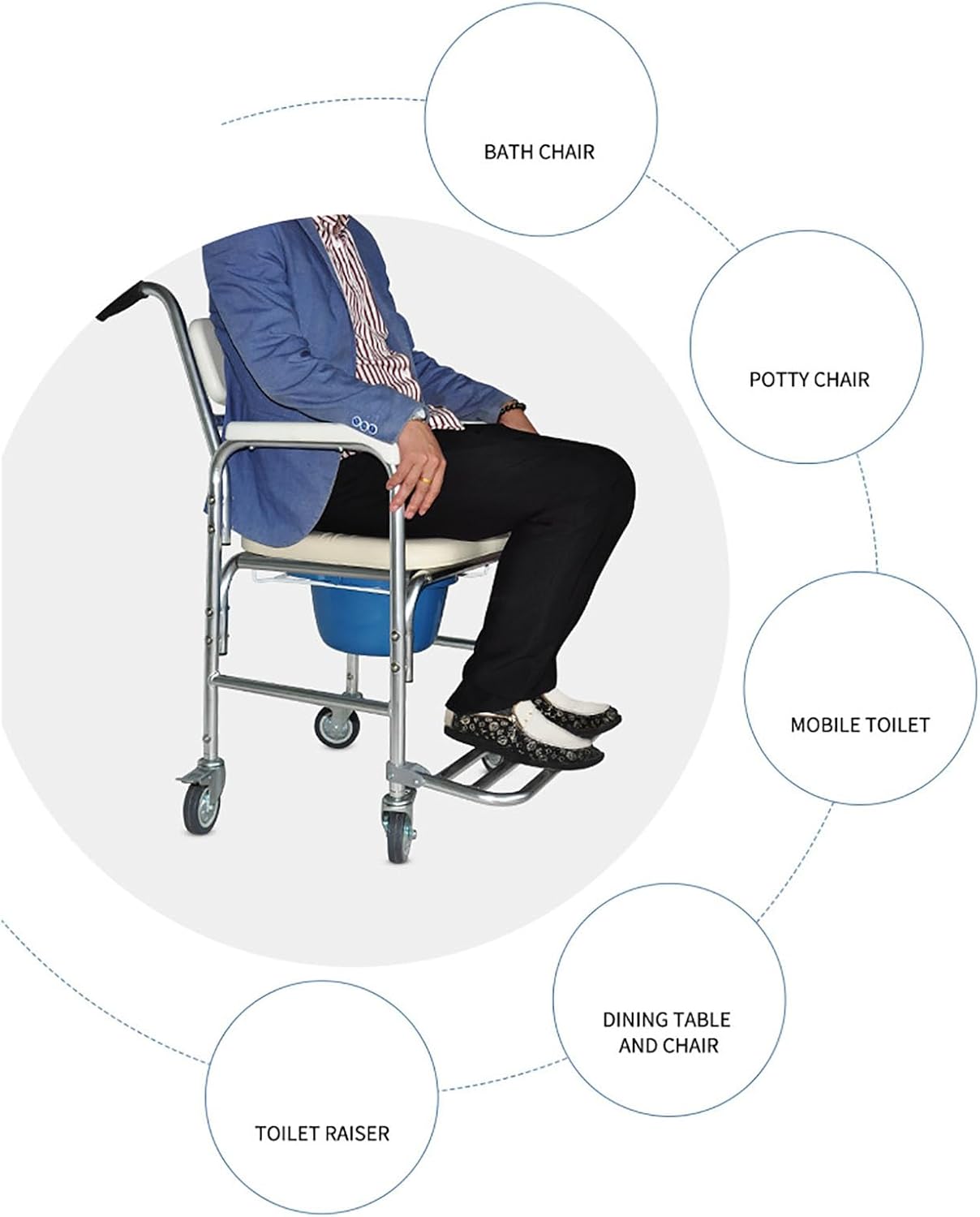 3-in-1 Shower Commode Wheelchair, Comfortable Padded Seat, Lightweight & Waterproof Rolling Over Toilet Chair, Ideal for Homecare, Weight Capacity 330 lbs, White