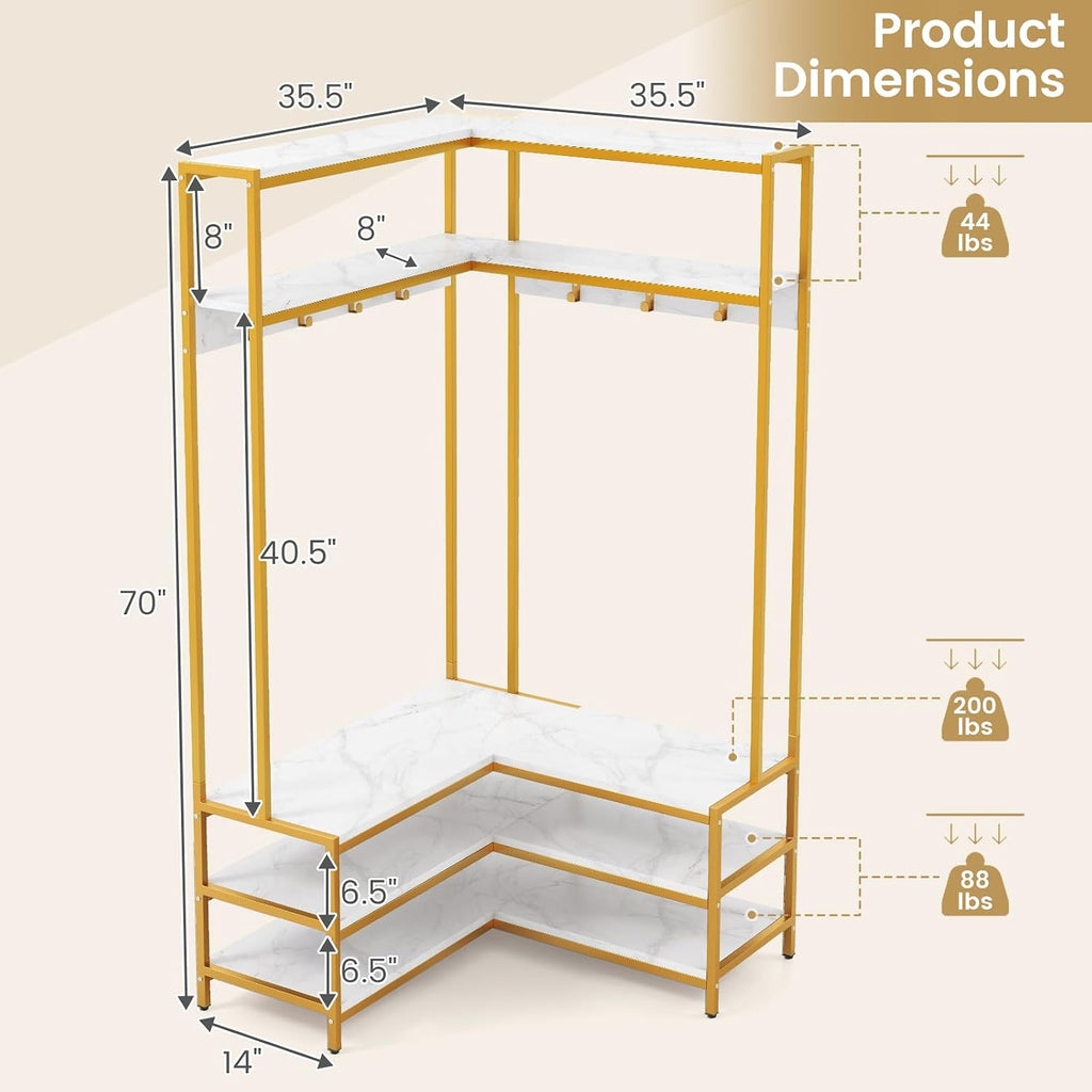 Giantex Corner Coat Rack with Shoe Bench, L-Shaped Garment Rack with 5 Shelves & 7 Hooks, Heavy Duty Freestanding Clothes Racks Entryway Bench with Shoes Organizer for Hallway (White & Gold)