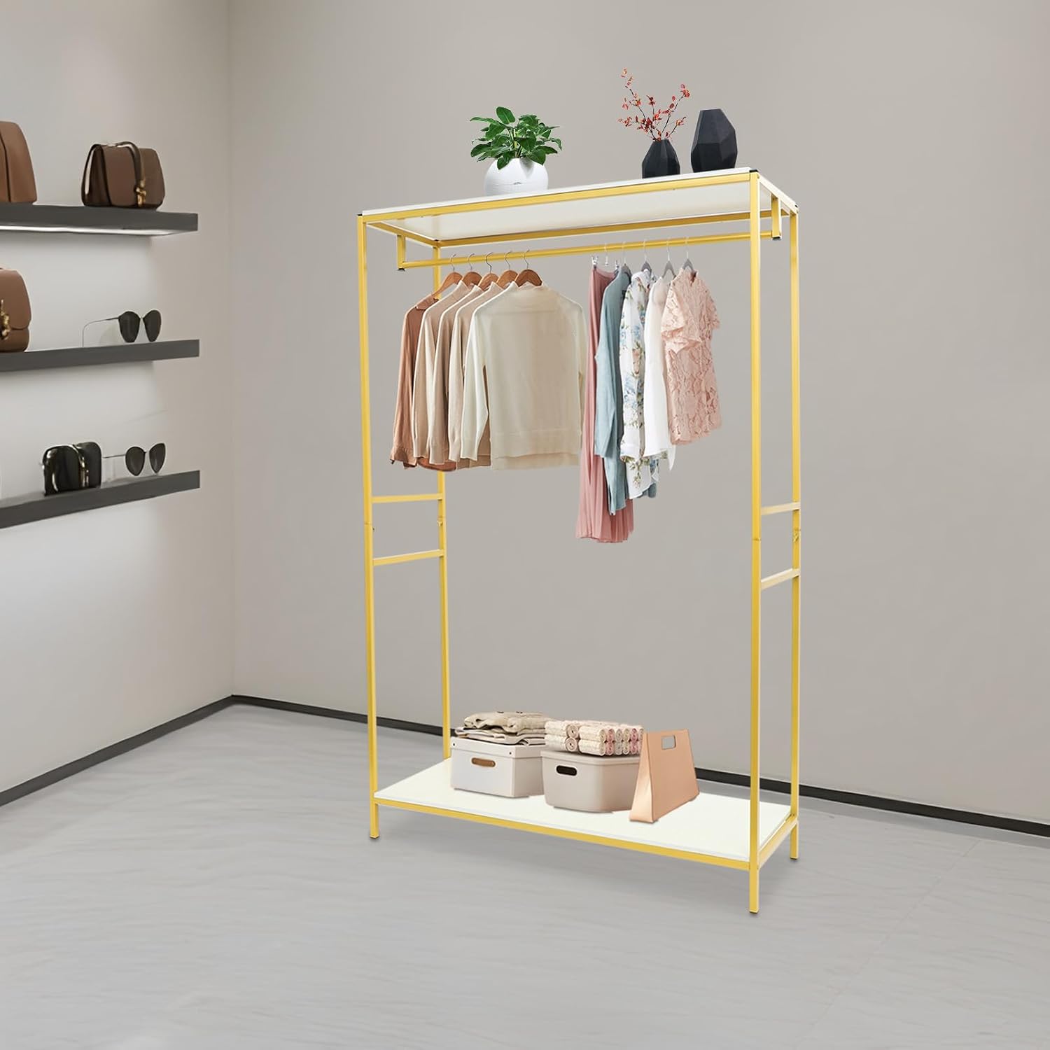 Gold Clothing Garment Rack, 75' Tall Metal Clothes Clothing Wedding Dressr Display Stand with Shoe Storage Shelf, Boutique Retail Display Rack Closet Organizer for Bedroom Laundry room Boutique Store