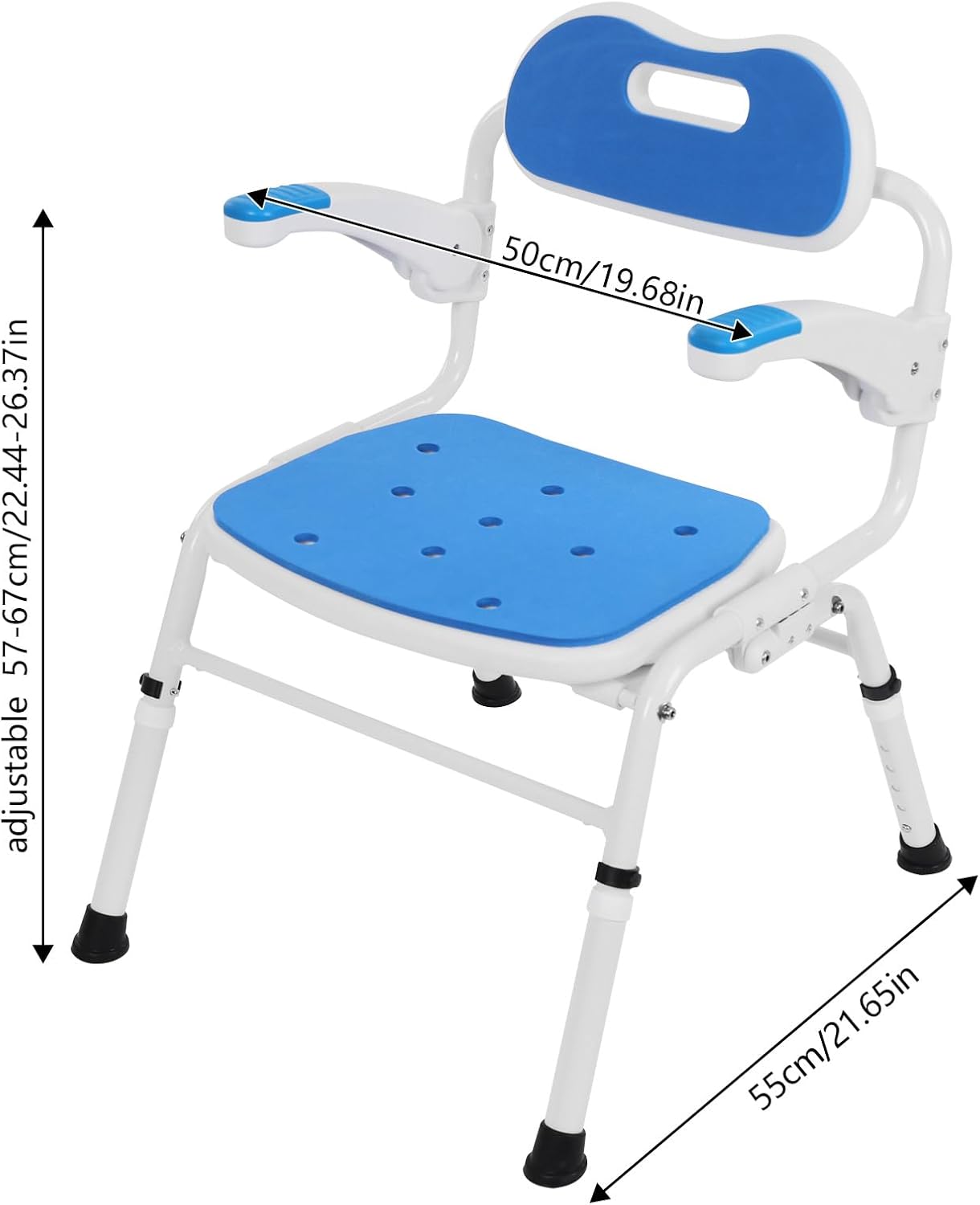 Folding Shower Chair with Armrests and Back, Grid Shower Folding Toilet Seat Adjustable Height Bathroom Wheelchair for Elderly Pregnant and Disabled