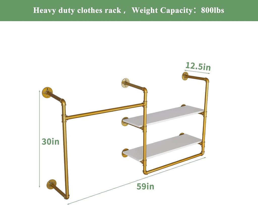 Industrial Pipe Wall-Mounted Clothing Rack with 2 Wood Shelves - Heavy Duty Double Rod Metal Garment Organizer for Bedroom/Retail Stores, Gold (30H×12.5D×59W inch)