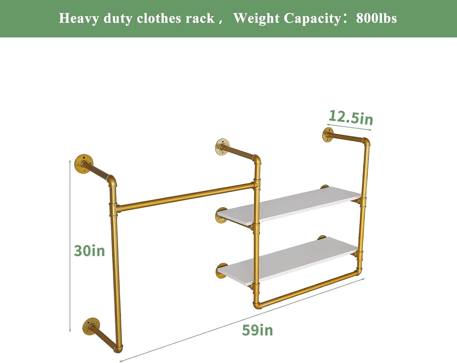 Industrial Pipe Wall-Mounted Clothing Rack with 2 Wood Shelves - Heavy Duty Double Rod Metal Garment Organizer for Bedroom/Retail Stores, Gold (30H×12.5D×59W inch)