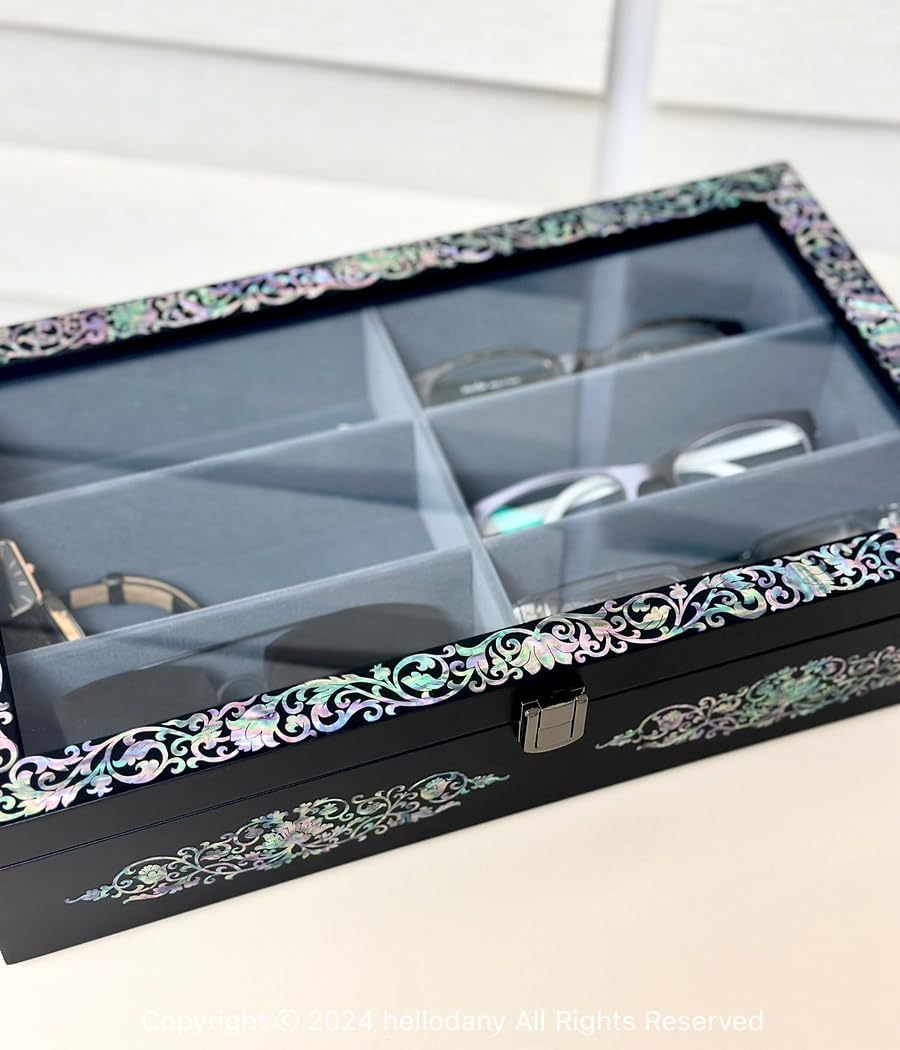 Mother of Pearl Wood Sunglasses Box Eyeglasses Valet Display Storage Case for Glasses, Watches, Jewelry, Trinkets Wooden Accessory Organizer Gift (Arabesque Black)