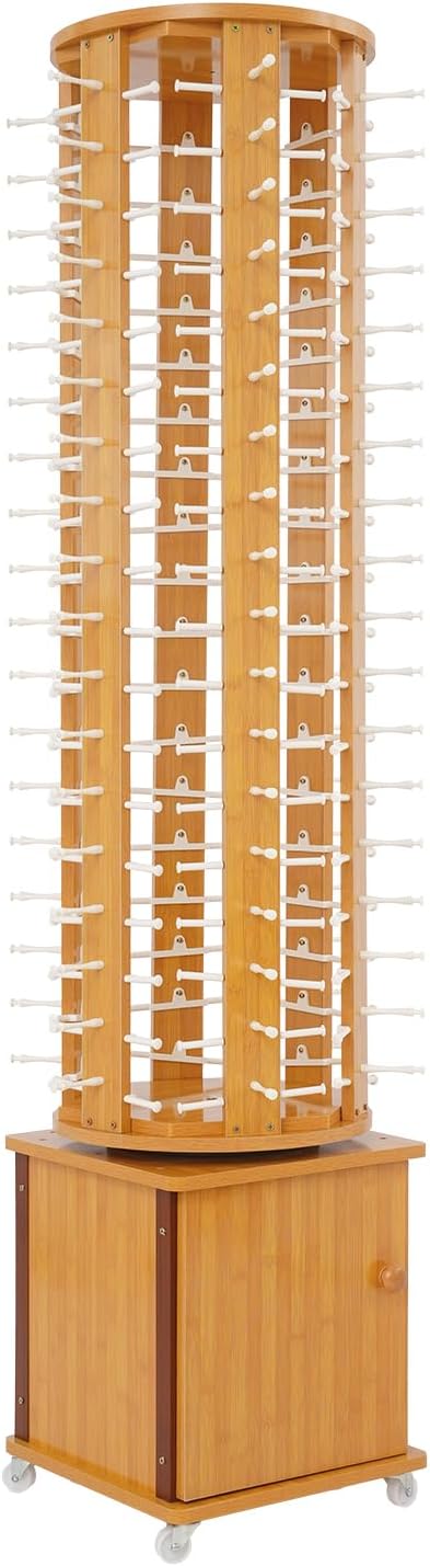 Sunglasses Display Rack, 108 Pairs Glasses Rack, 360° Rotating Eyeglasses Storage Organizer, Floor-standing Eyewear Holder, Glasses Display Stand with Storage Cabinet & Wheels, Wood Color