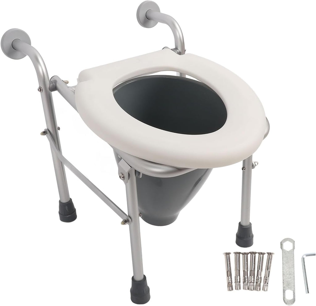 Raised Toilet Seat, Heavy Duty Aluminum Alloy Toilet Seat Riser with Handles for Elderly Handicap Pregnant with Foldable Space Saving Design