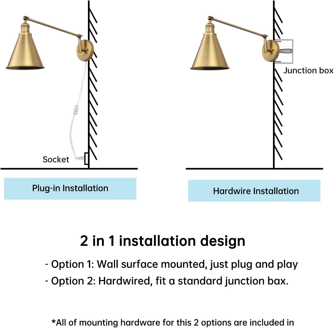 PERMO Wall Sconce Set of 2 Plug in Metal Wall Sconces Swing Arm Wall Light with Flared Metal Shade for Bedside Bedroom (Antique Gold)