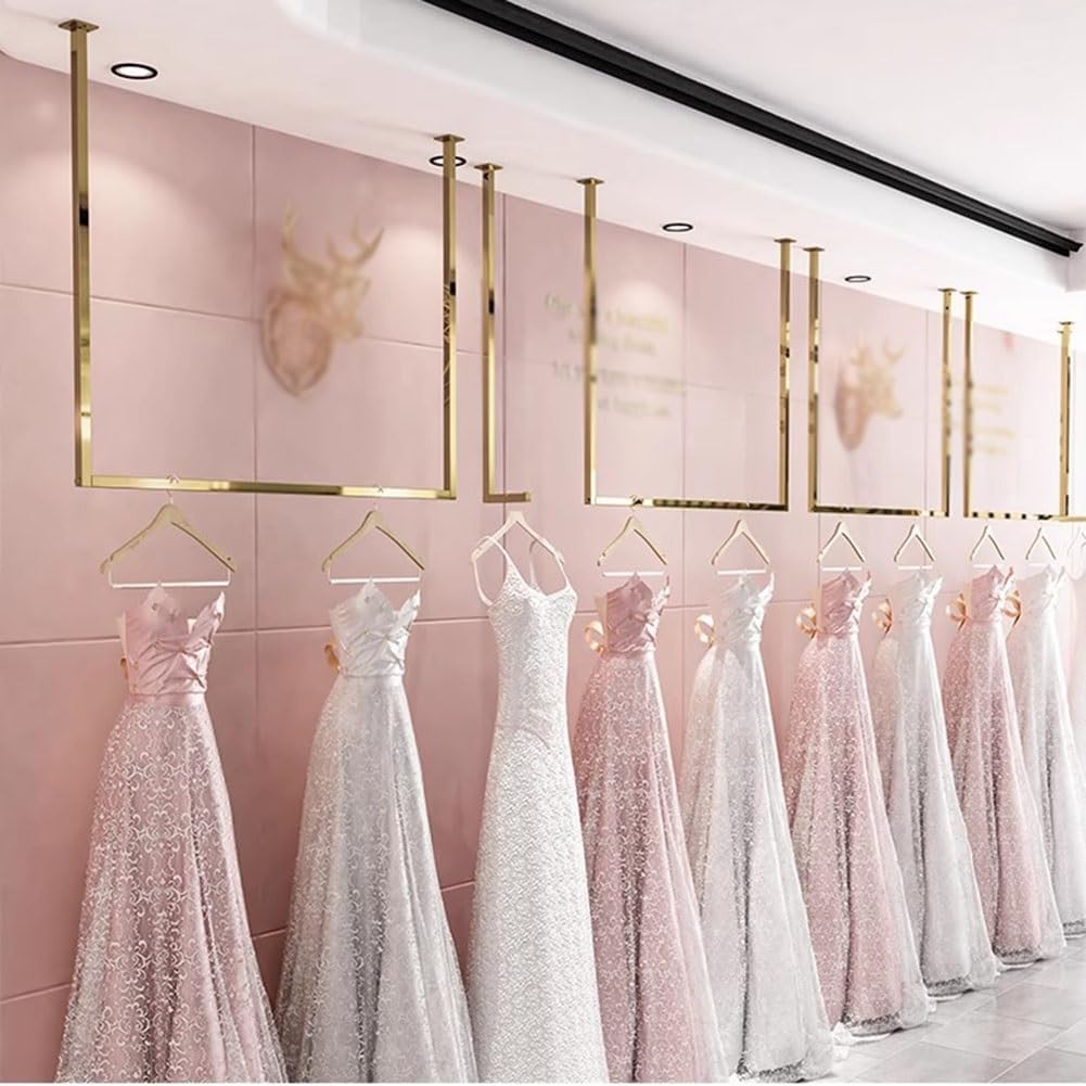 Metal Display Rack Retail Clothing Garment Racks Hanging Clothes Rack Detachable Stainless Steel Ceiling Hanger for Storage Wedding Dress U-Shaped Shelf (Color : Gold, Size : 100x120cm)