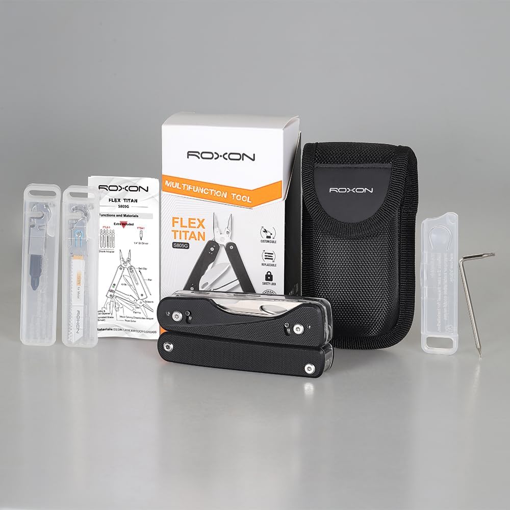 ROXON Flex Titan S805G Multi tool with full size scissors Modular Design and Customizable Tool (Replaceable knife and accessory) 16 tools for Outdoor & Camping