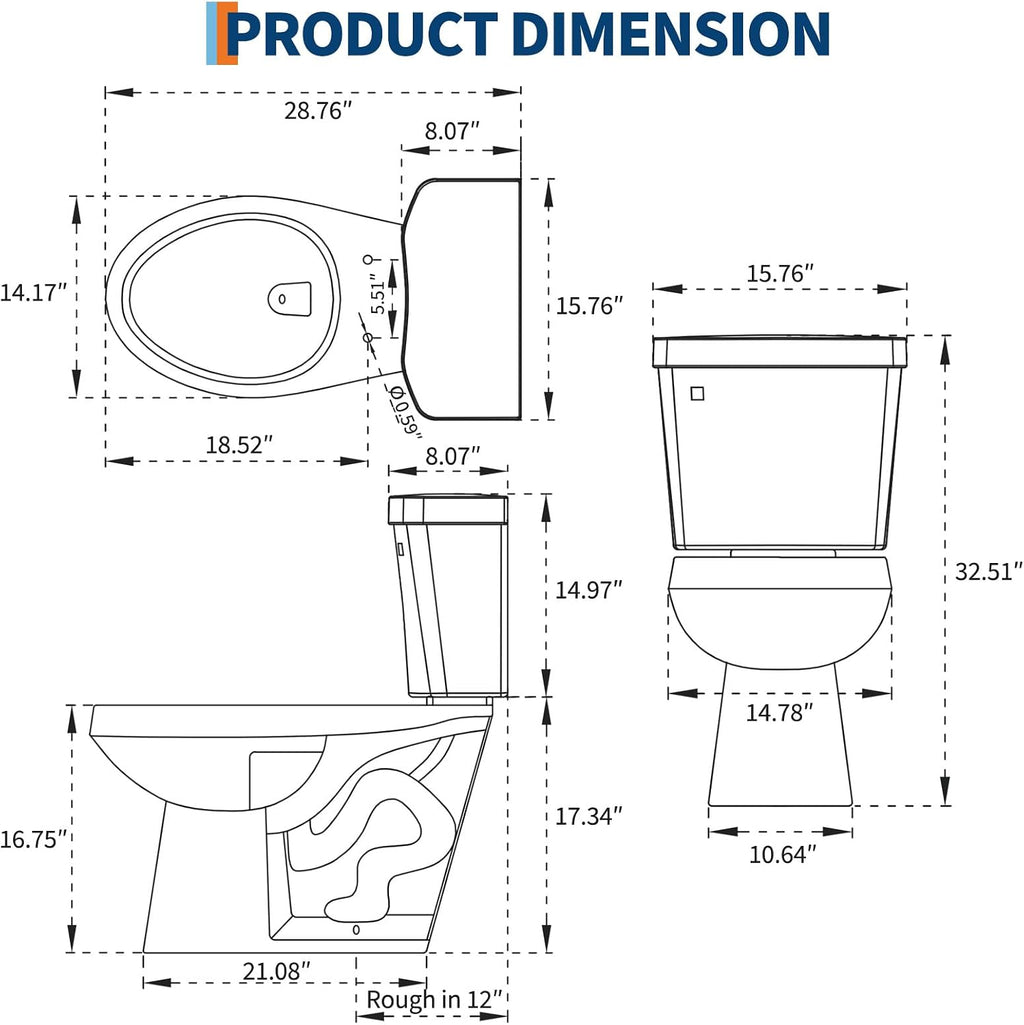 17' Elongated Toilet Bowl – Single Side Handle, Upgraded Power Flush, Includes Water-Saving Tank Components – Two-Piece Replacement for Elderly-Friendly Remodel