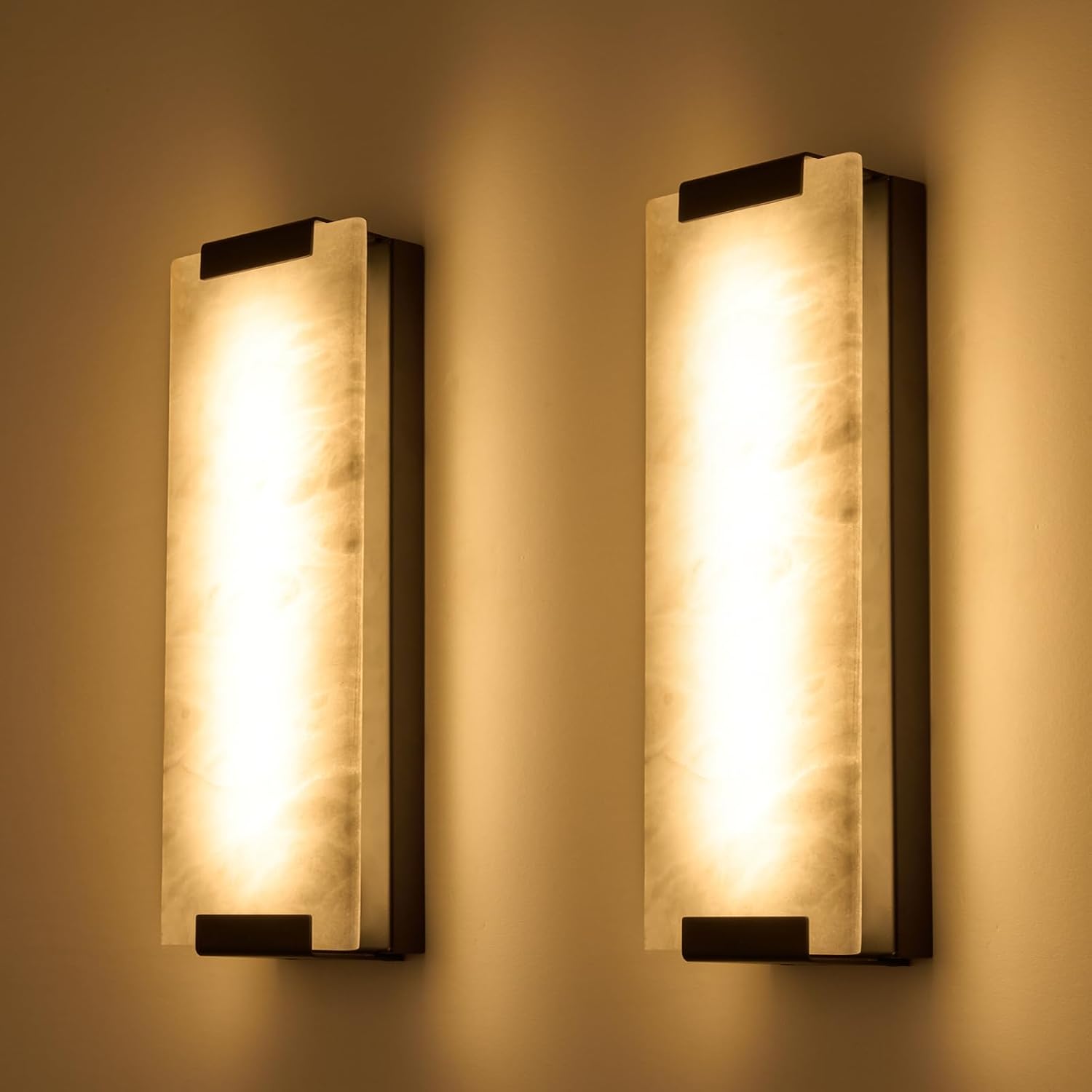 14.2in Alabaster Wall Sconces, Large Natural Marble Wall Sconces Set of Two, LED Modern Wall Lamp for Bedroom, Stairs, Living Room, Vanity, Bedside, Hallway （Black 12W）