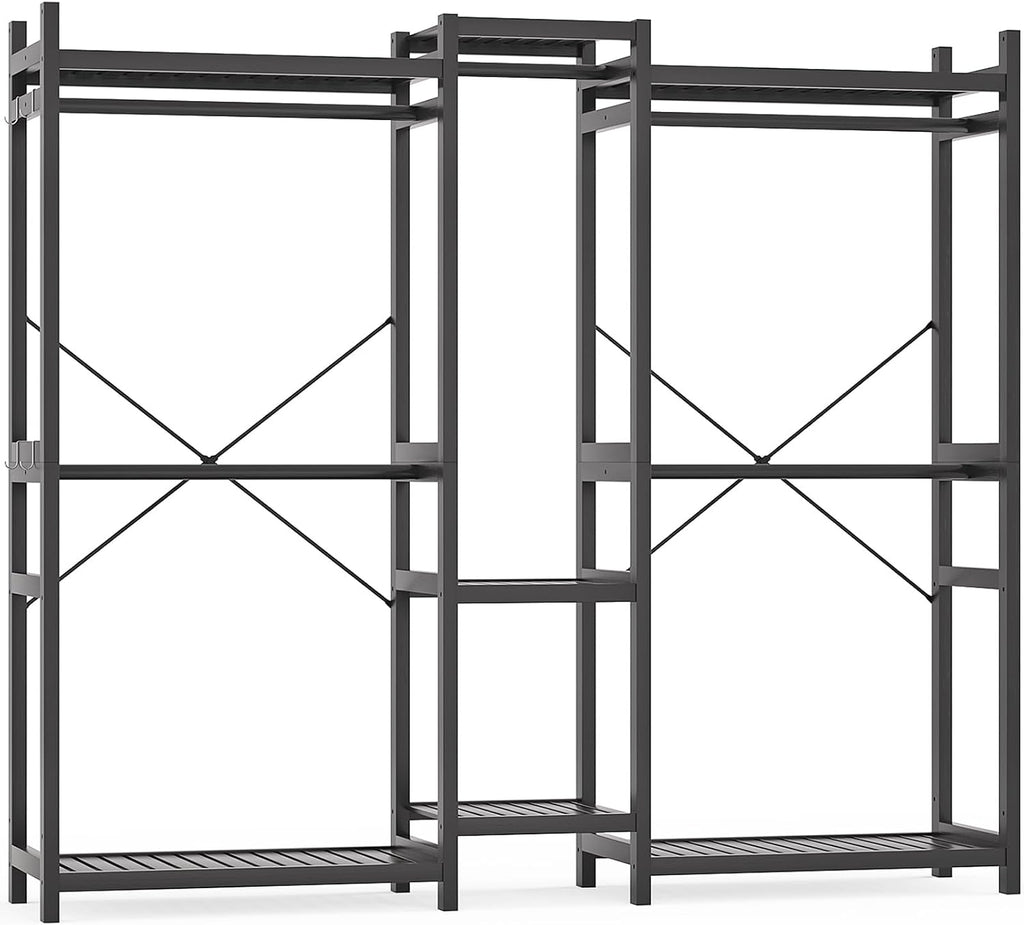 Homykic Bamboo Closet System, Large Clothing Rack for Hanging Clothes, Freestanding Clothes Rack with 7 Shelves & 5 Hanging Rods, Open Wardrobe Closet Organizer Garment Rack with 4 Hooks, Dark Black