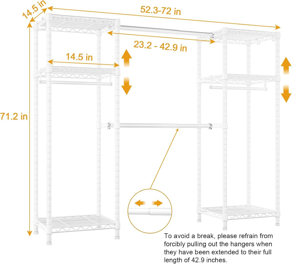 Ulif E7 Heavy Duty Garment Rack, Clothes Organizer and Storage Rack with Expandable Hangers, Metal Clothing Rack with 6 Wire Shelves, (52.3'-72') W x 14.5' D x 71.2' H, Load 838 LBS, White