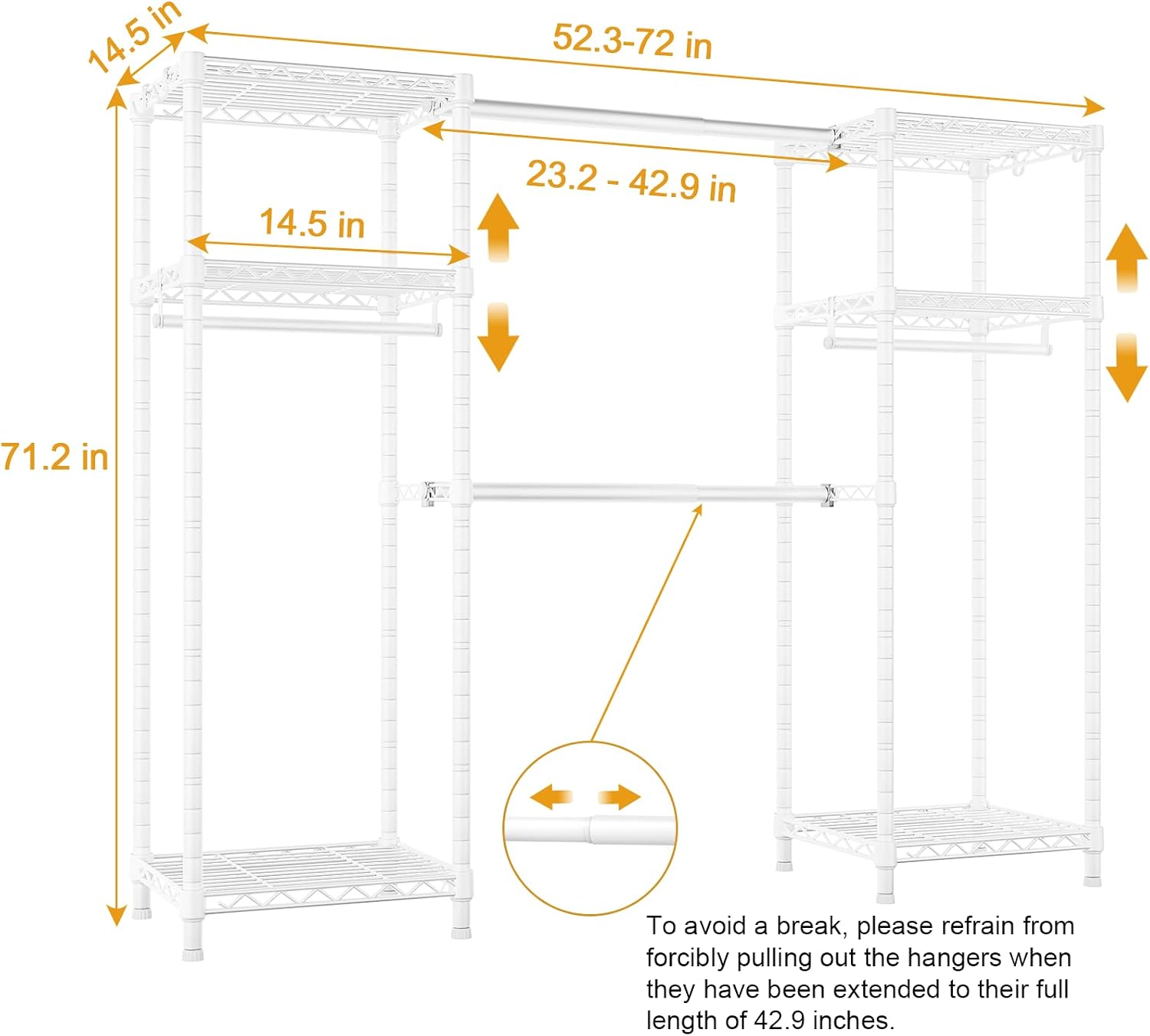 Ulif E7 Heavy Duty Garment Rack, Clothes Organizer and Storage Rack with Expandable Hangers, Metal Clothing Rack with 6 Wire Shelves, (52.3'-72') W x 14.5' D x 71.2' H, Load 838 LBS, White