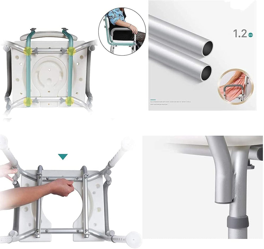 Shower Chair, Height Adjustable, Shower Seat for Elderly Heavy Duty U-Shaped Cutout, Adults and Disabled Aid Commode Seat with Arms and Back Mat, Bath Lift Toilet Chair Show (White B)