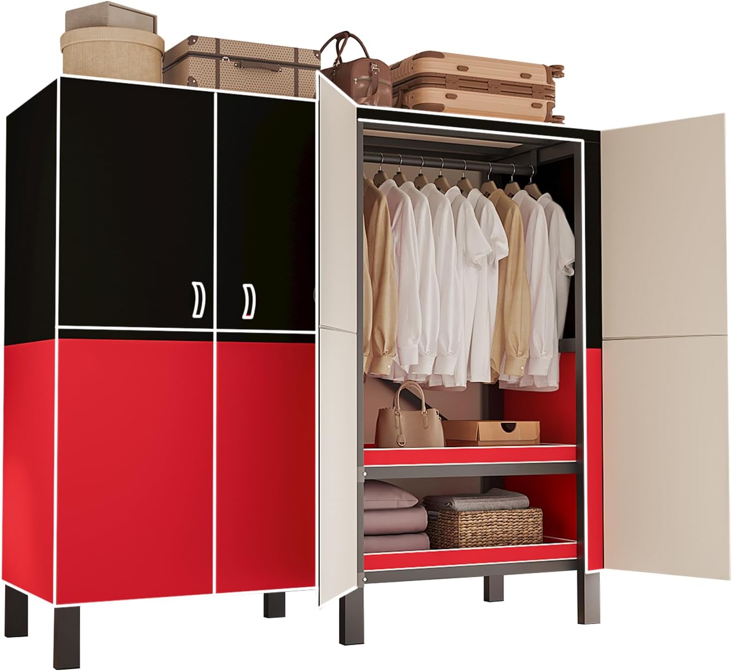 Large Portable Closets for Hanging Clothes | Heavy Duty Clothes Rack with Cover Foldable | Max Load 1000LBS Portable Wardrobe | Portable Closet, Double Rods Bedroom (Black-magnetic door, 49.2')