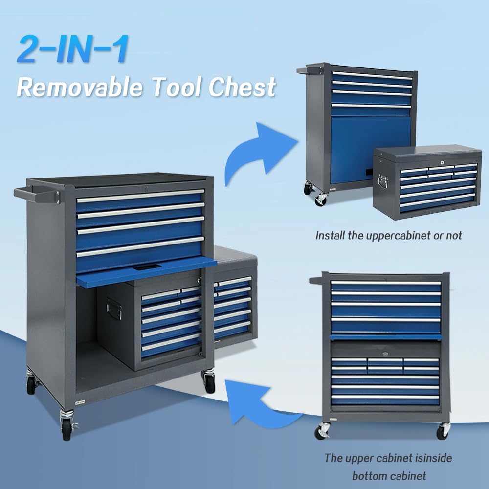 13-Drawer Rolling Tool Chest, 2-in-1 Heavy Duty Detachable Storage Cabinet with Lockable Wheels & Removable Top Box, 600 lbs Capacity for Mechanics, Garage Workshop (Blue＆Grey)