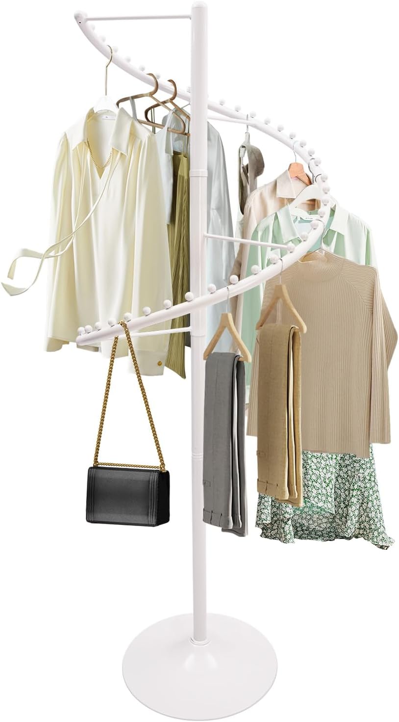 360° Rotating Spiral Clothing Rack Freestanding Metal Spiral Garment Display Rack Modern Coat Stand Retail Clothes Display Racks for Shops Boutique Entrance Hall Bedroom White