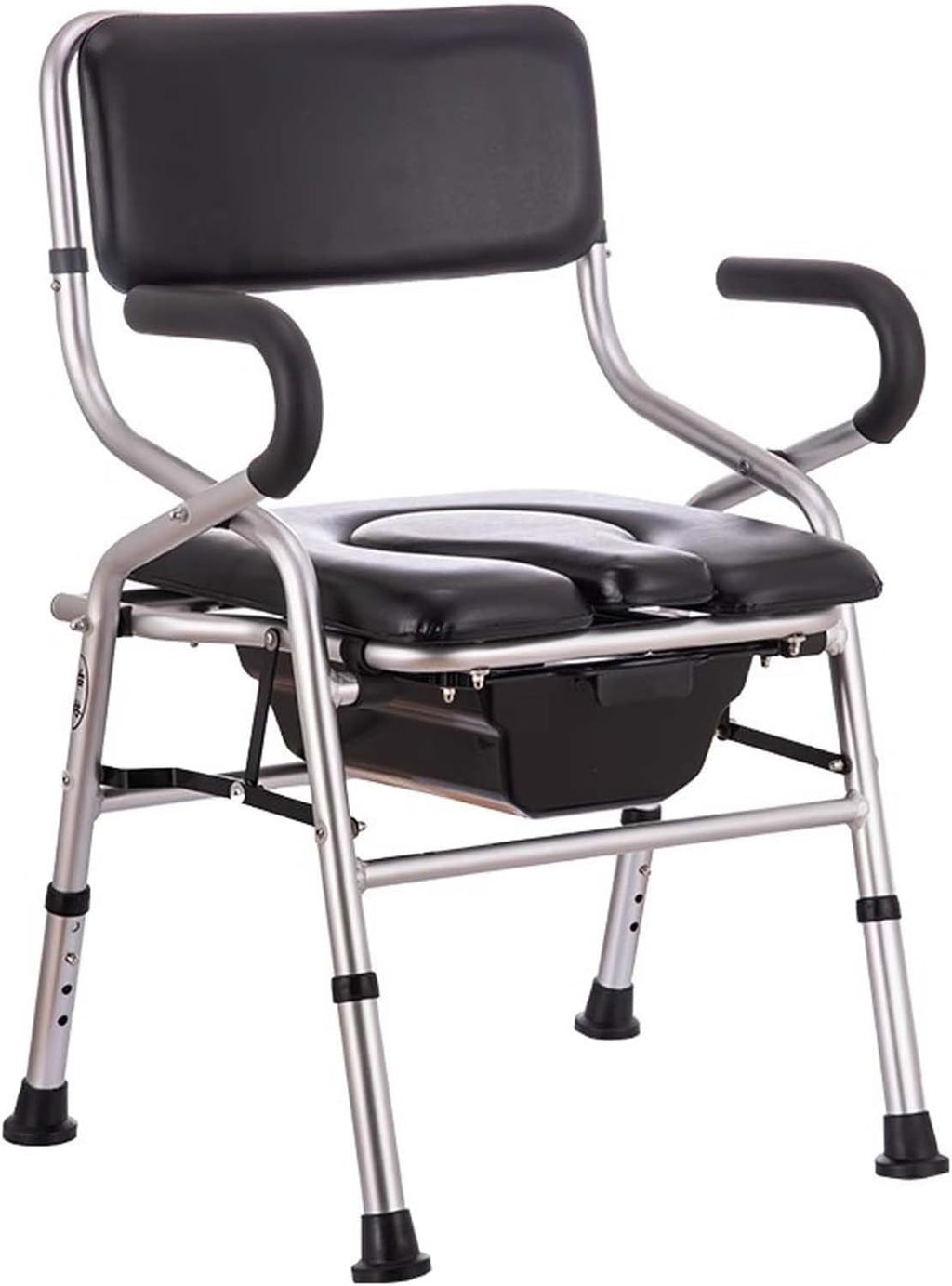 Commode Chair for Seniors, Folding Steel Bedside Commode Chair, Height Adjustable Toilet Shower Chair with Removable Bucket, Easy No Tool Assembly, Bedside Commodes Black