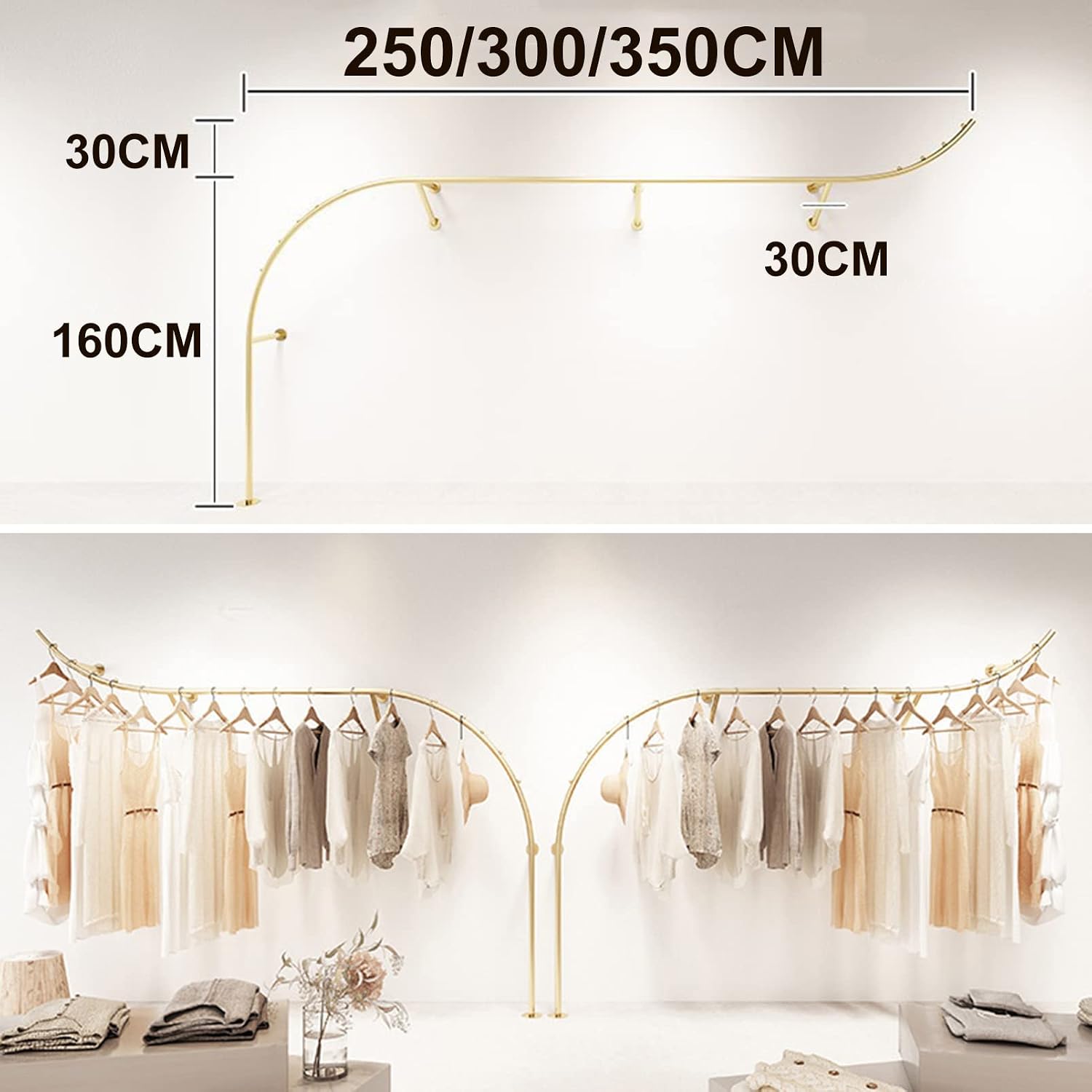 2 Pcs Clothing Store Display Stands Garment Rack, Wall Mounted Storage Clothes Shoe Bag Pipe Shelf, Retail Clothes Hanger Entrance Porch Organization Hanging Rod, Gold Closet Organizer Towel Rack